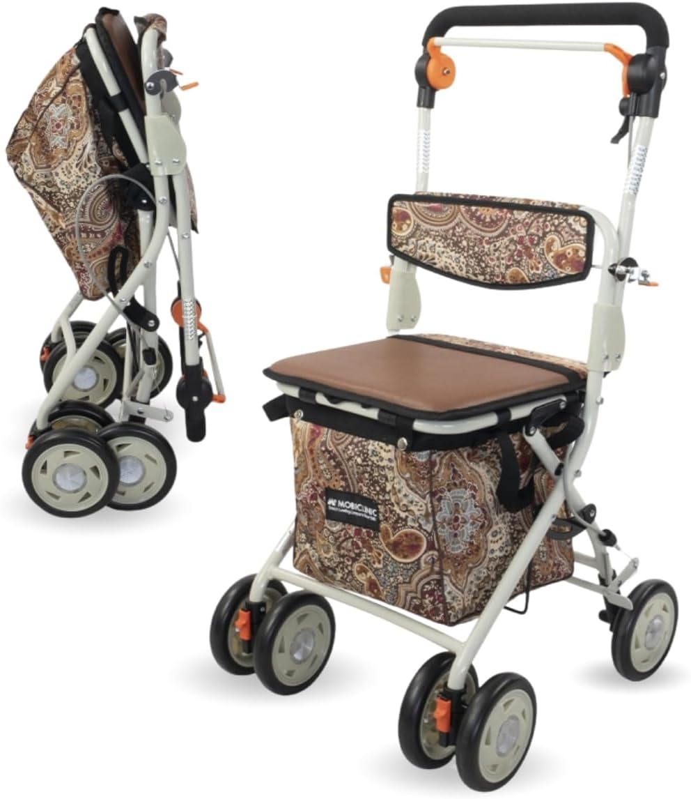 Mobiclinic®, Coliseo Rollator with Large Shopping Bag and Seat, Foldable, 21 Litres, Shopping Trolley, 4 Wheels, Steel, Padded, Brake System, Original Print