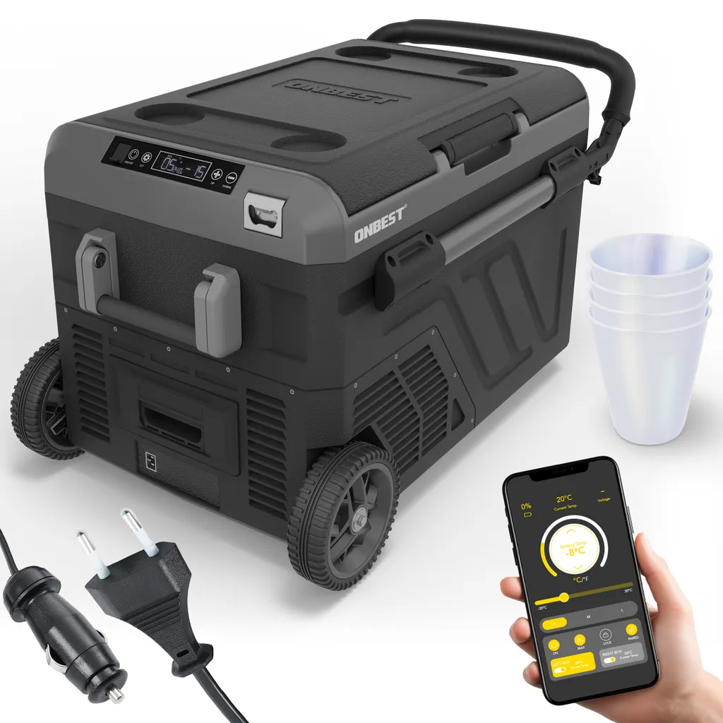 ONBEST Compressor Cooler | 40L | 12V | 230V | with App Control | Touchscreen | Wheels | USB Ports | LED | 4 x Drinking Cups