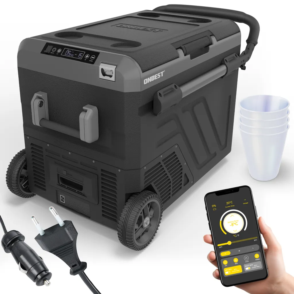 ONBEST Compressor Cooler | 50L | 12V | 230V | with App Control | Touchscreen | Wheels | USB Ports | LED | 4 x Drinking Cups