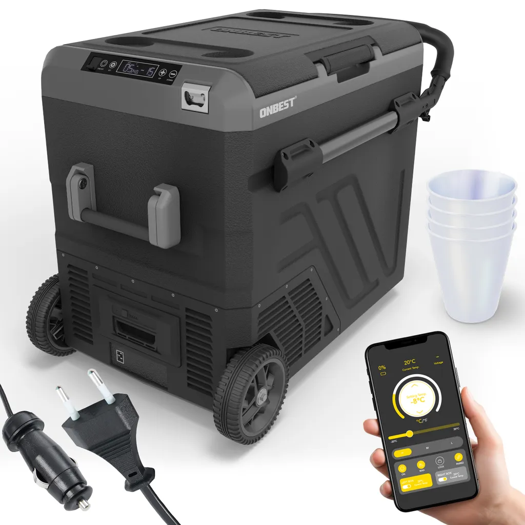 ONBEST Compressor Cooler | 60L | 12V | 230V | with App Control | Touchscreen | Wheels | USB Ports | LED | 4 x Drinking Cups