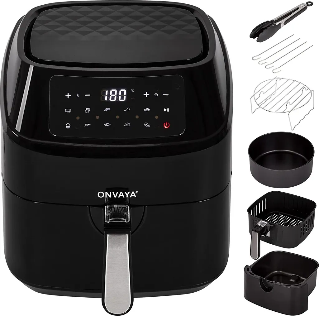 ONVAYA® Hot Air Fryer | XXL Air Fryer | Oil-Free & Fat-Free Fryer | For 5-6 People | With LED Display | 10 Programs | 1700 W | Includes Baking Tray & Grill Rack with Skewers
