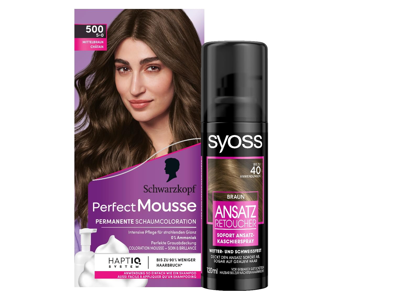 Perfect Mousse Foam Colouration 5-0/500 Medium Brown Level 3, 1 x 93 ml & Syoss Root Root Retoucher Concealer Spray Brown Level 1, Root Color Lasts Until The Next Hair Wash, (1 x 120 ml)