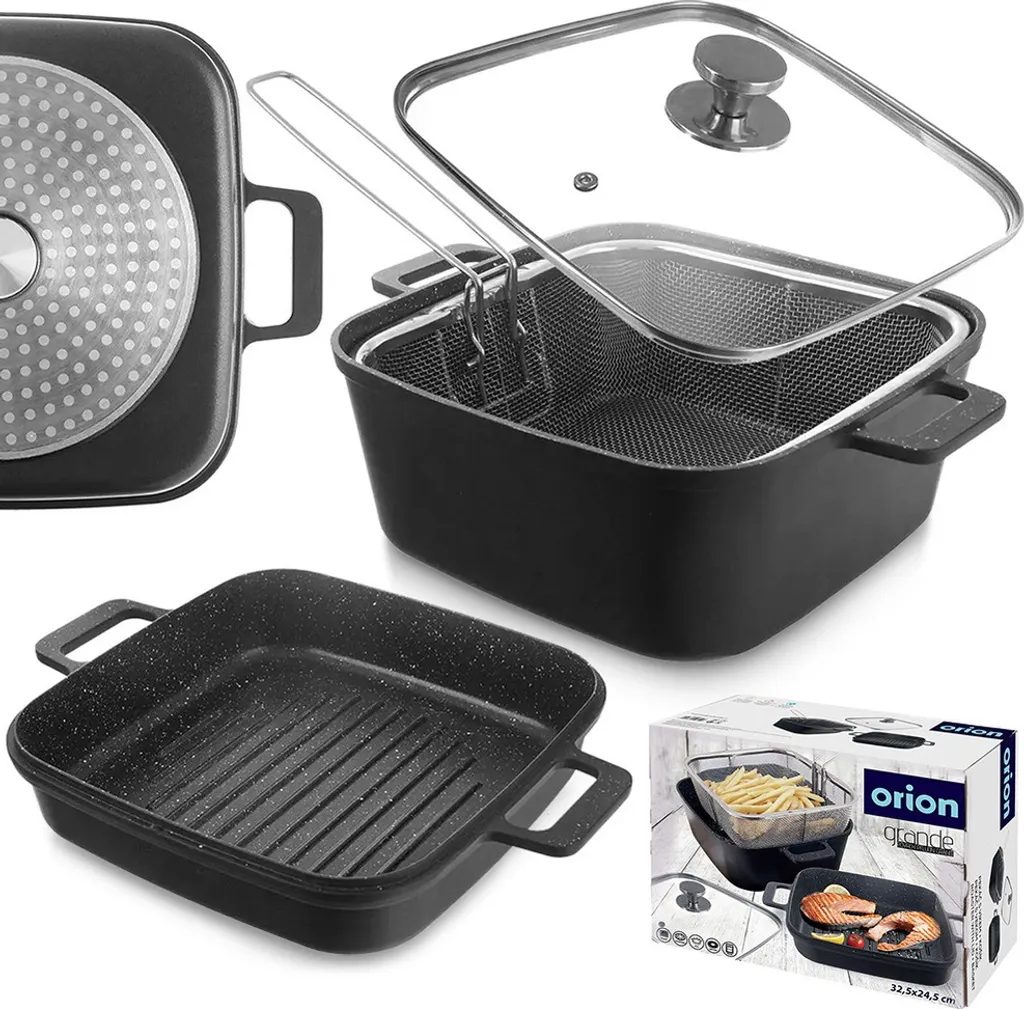 Orion Granite Pot Cooking Pot Frying Pot Pot with Glass Lid with Grill Pan and Basket GRANDE 2+4 L 4-piece