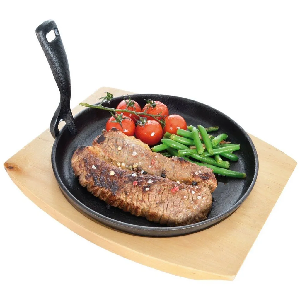 Orion cast iron frying pan, cast iron plate 22 cm with wooden board