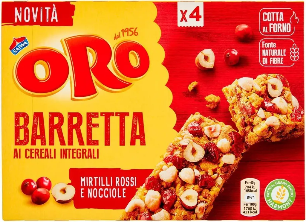 Oro Saiwa Snack Barretta Whole Grain Bar with Cranberries and Hazelnuts 160g
