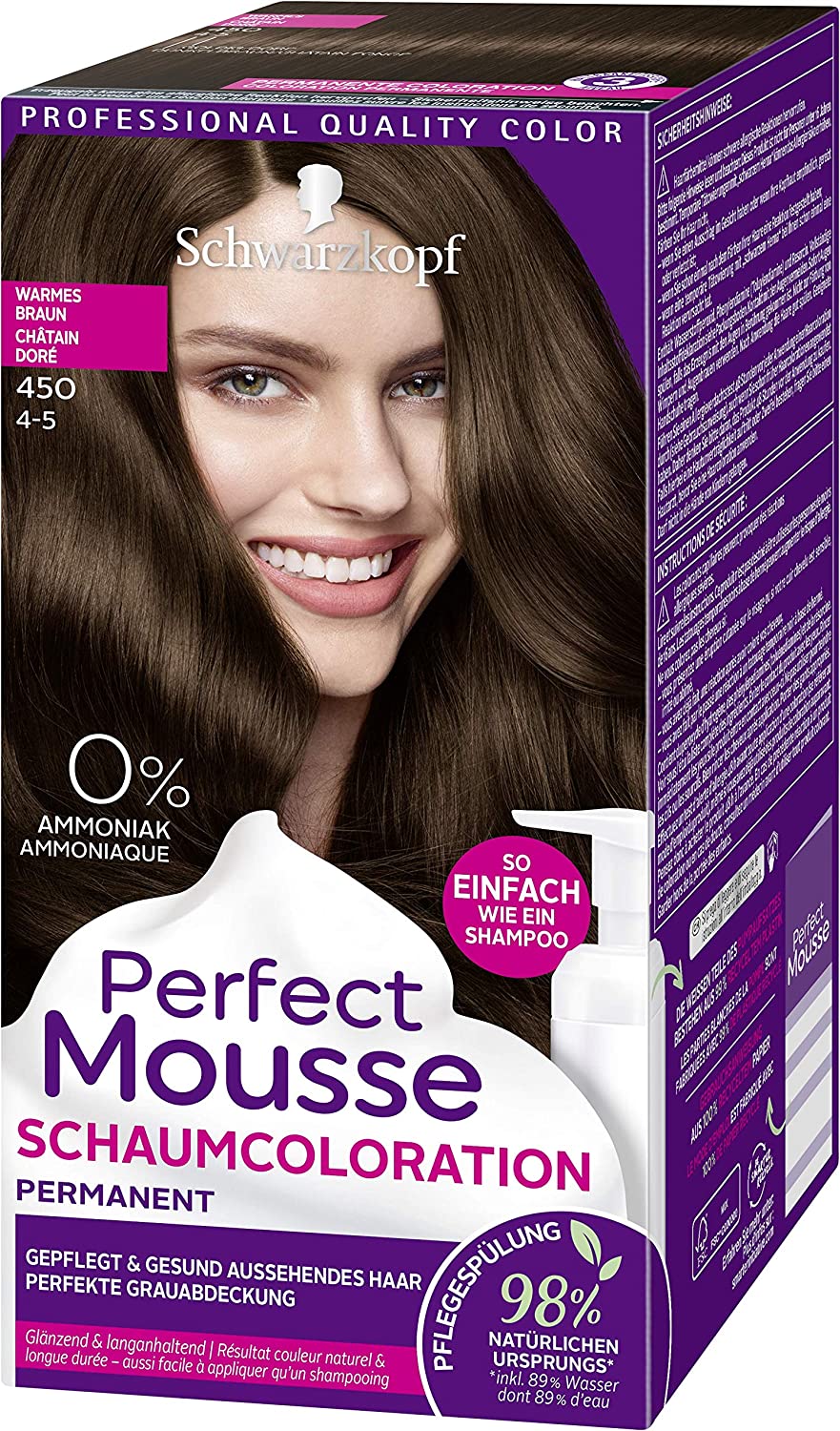 Schwarzkopf Perfect Mousse Permanent Foam Color 450 Warm Brown Level 3, Pack of 3 (3 x 92.5 ml), ‎black, brown.