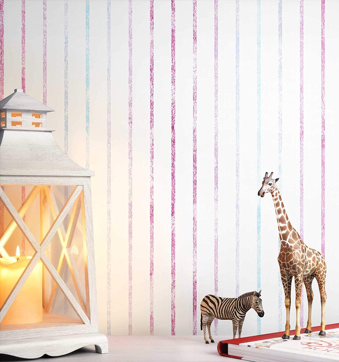 Newroom Design Newroom Childrens Wallpaper Pink Non-Woven Wallpaper White Stripes Beautif