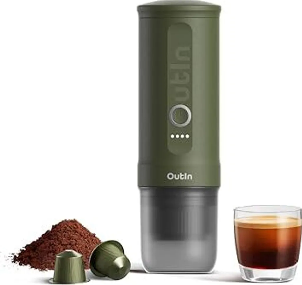 Outin Nano Portable Electric Espresso Machine, Camping Coffee Maker, Self-Heating USB-C Compatible Base and NS Capsule