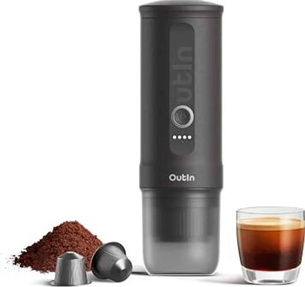 Outin Nano Portable Espresso Machine Battery, Travel or Camping, Coffee, Electric Self-Heating via USB-C, 2 in 1 Bottom -NS -Capsules
