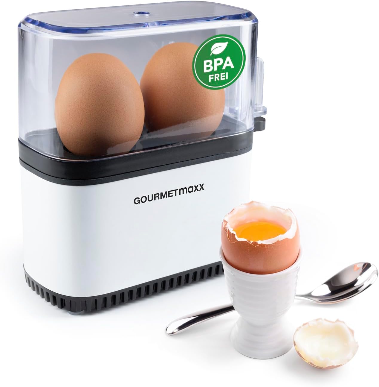 GOURMETmaxx Egg Cooker for 2 Eggs | Egg Boiler with Egg Cutter in Measuring Cup | Egg Cooker - 3 Hardness Levels for Your Egg Cup | Small Egg Cooker Design - Dishwasher Safe Parts