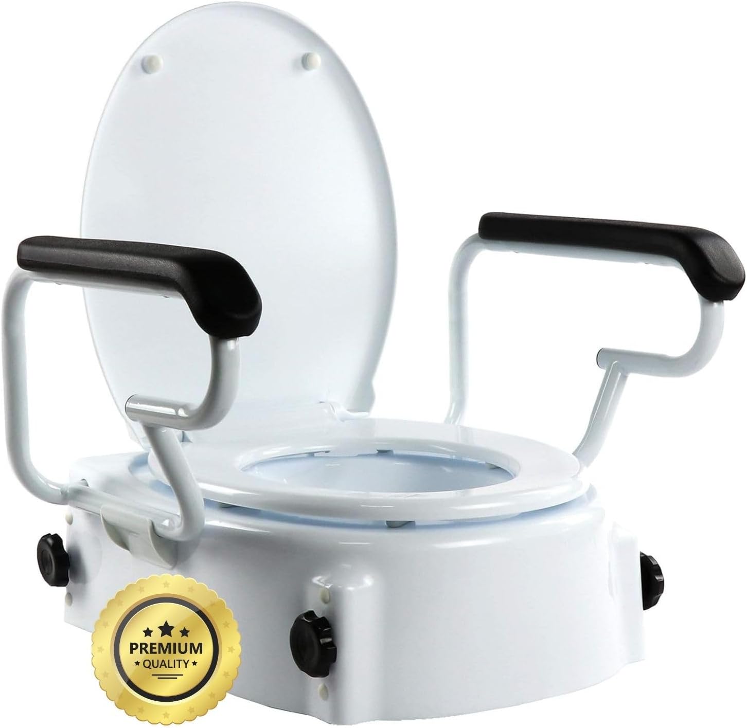 OrtoPrime Store OrtoPrime Toilet Seat Raiser with Armrests - Height Adjustable 5, 10 and 15 cm - Toilet Seat Raiser with Lowering Cover - Toilet Attachment for Seniors - Seat Aid Toilet