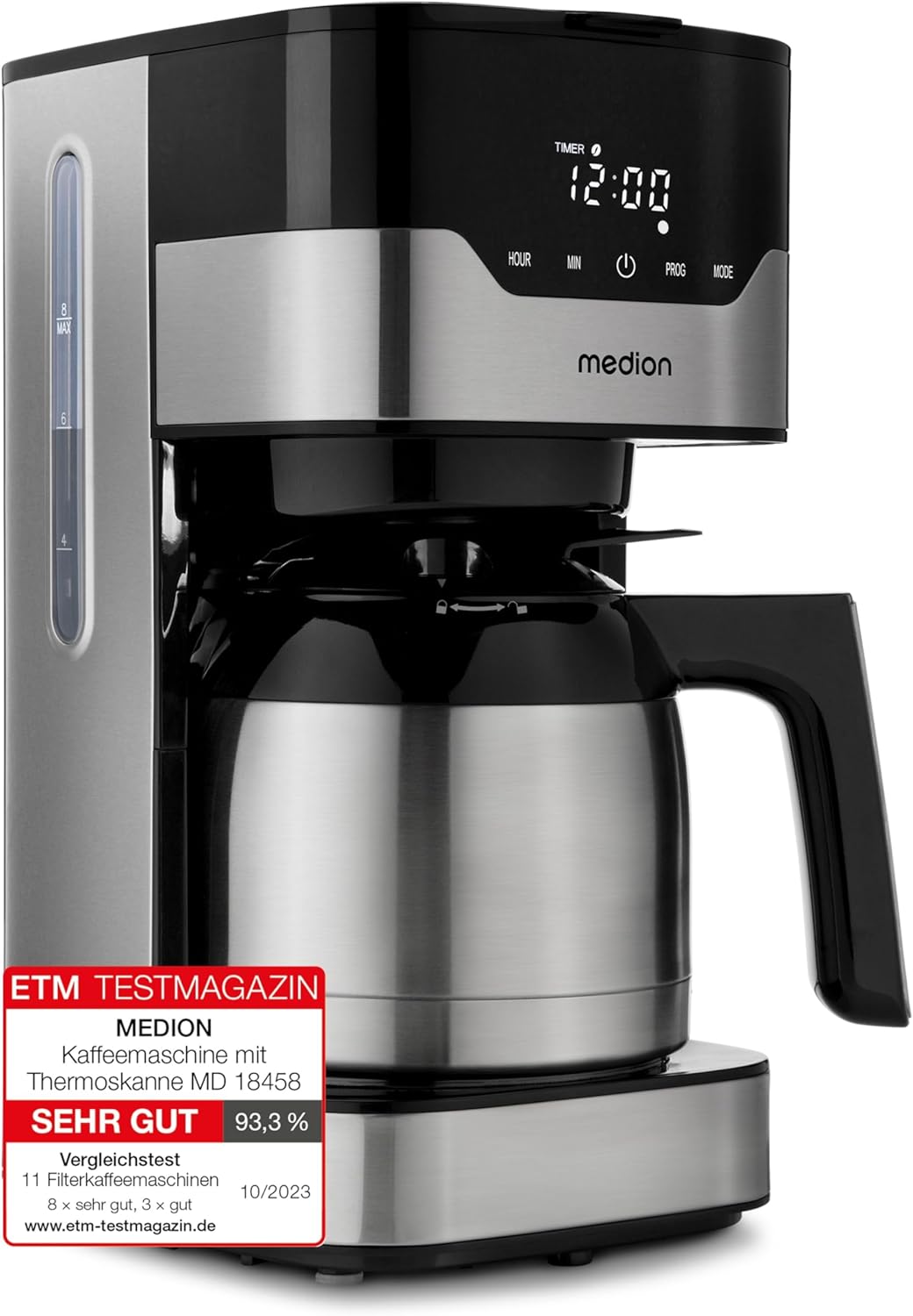 MEDION Coffee Machine with Thermos Flask and Timer (Filter Machine, 8-10 Cups, 1.2 Litres, 900 Watt, 3 Levels, Keep Warming Function, Timer , Anti-Drip, Display, MD18458) Stainless Steel