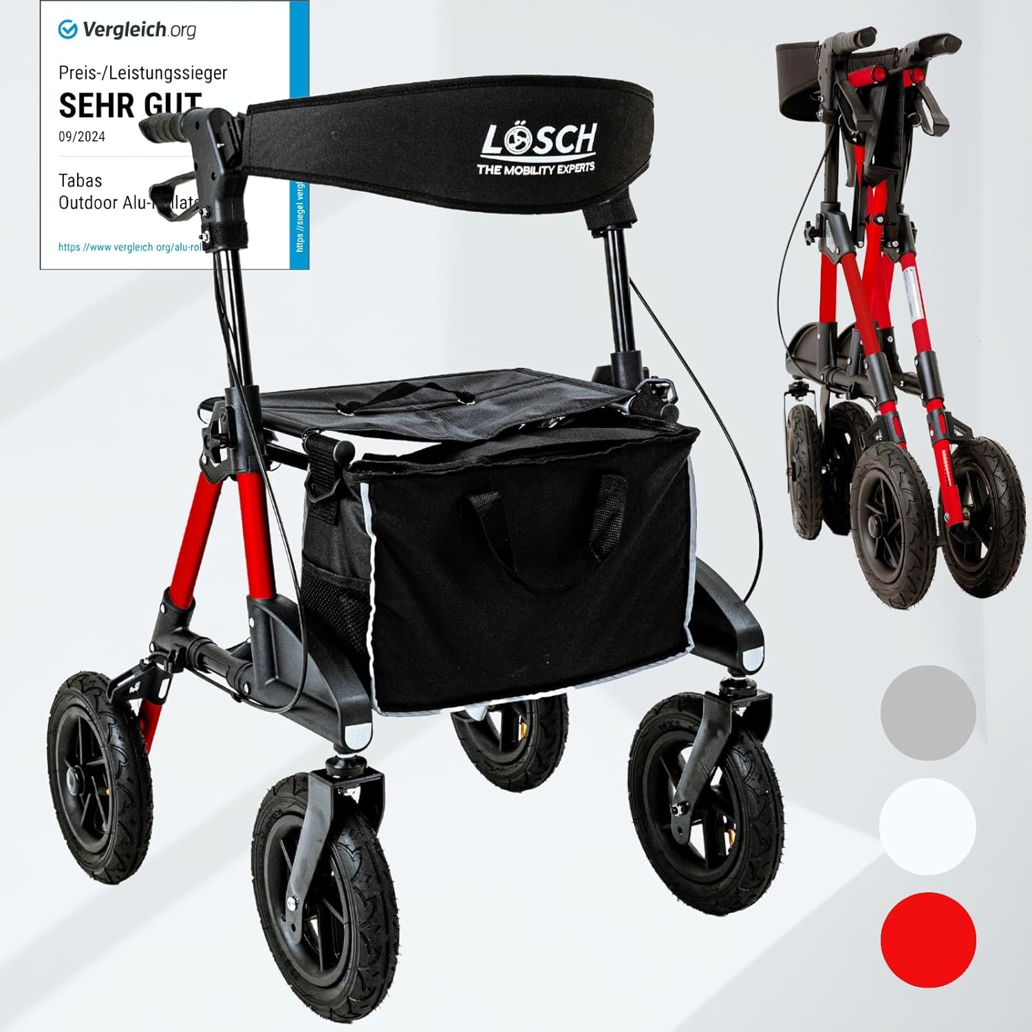 TABAS Rollator Foldable & Lightweight with Seat I Price/Performance Winner I Outdoor Rollator with Pneumatic Tires, Seat & Back Strap, Bag & Stick Holder I Rollator for Seniors I Walking Aid by Lösch