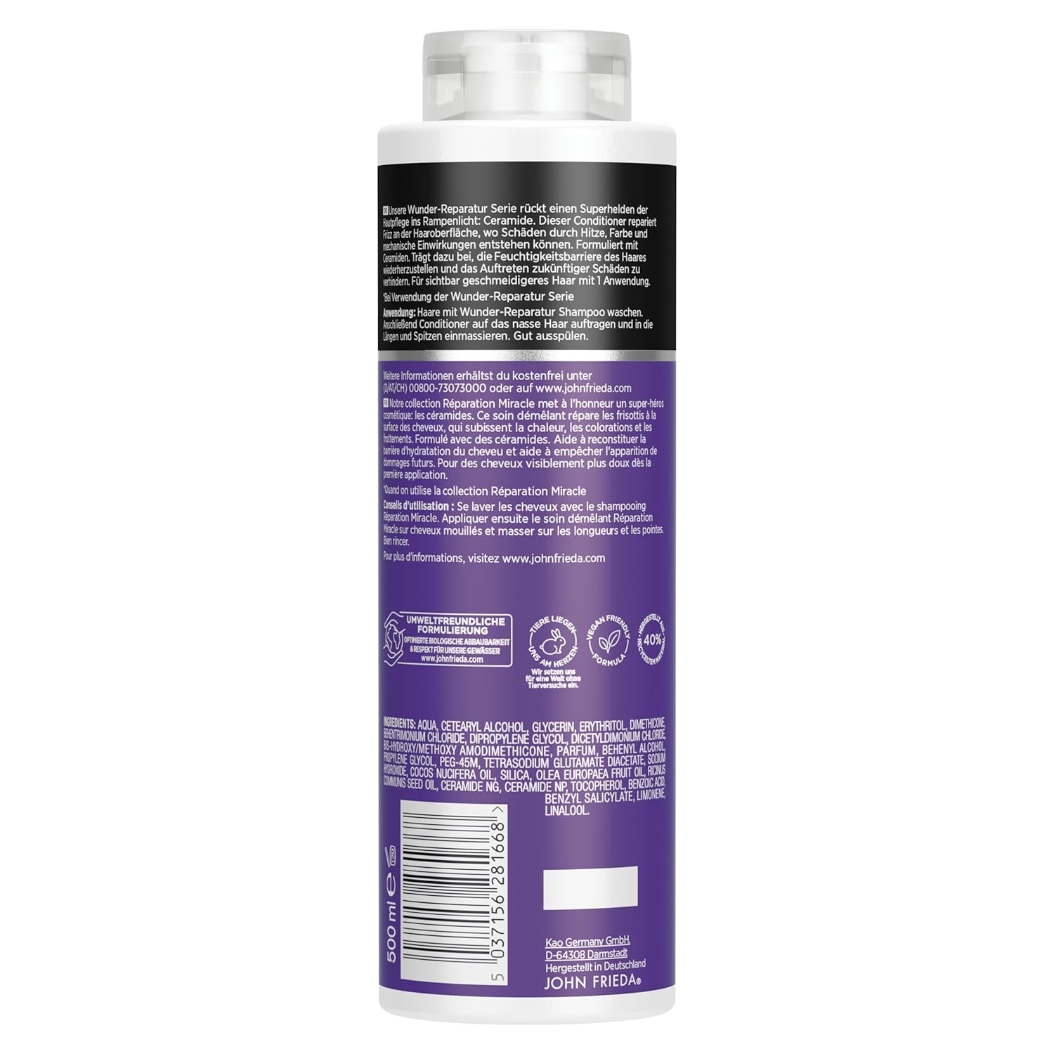 John Frieda Miracle Repair Conditioner - Value Size: 500ml - Frizz Ease Series - Hair Type: Unruly, Damaged, Stressed - Cabinet Size (Pack of 2)
