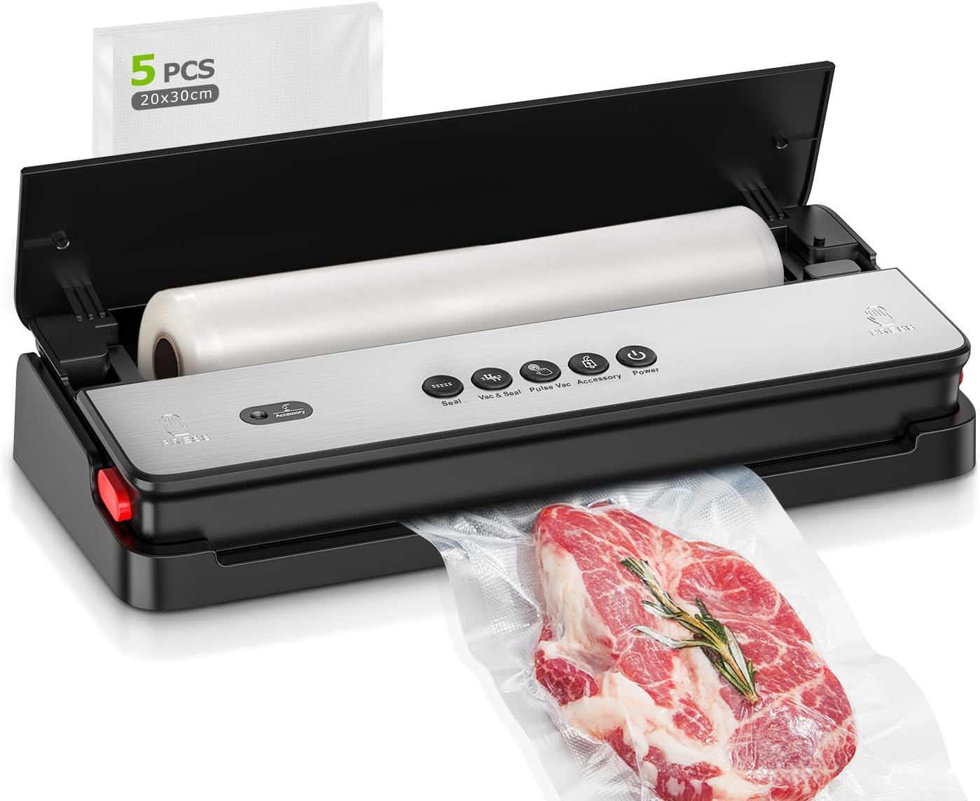 Bonsenkitchen Vacuum Sealer for Dry and Moist Food Vacuum Sealer with Built-in Cutter, Includes 1 Roll Foil Bags, 5 Pre-Cut Vacuum Bags