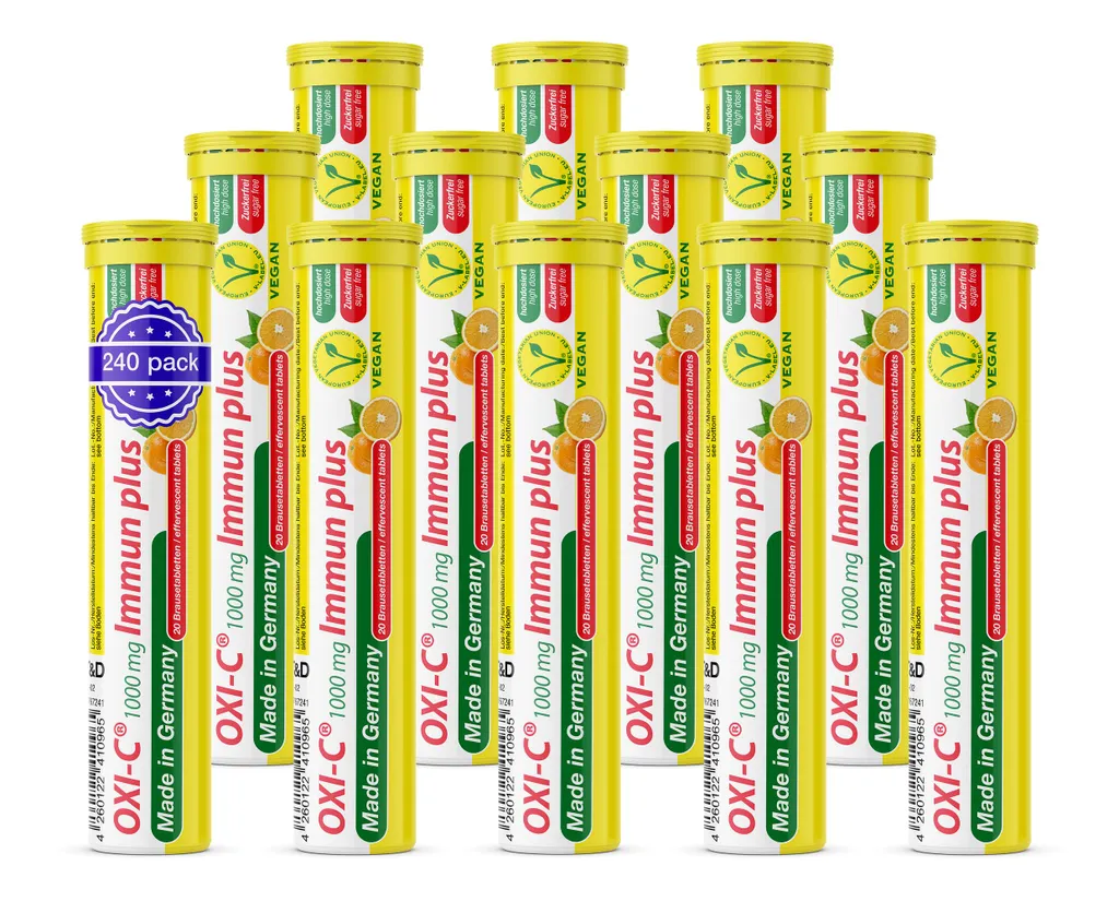 Oxi C Effervescent Tablets 12x20 tablets – Orange Flavor – 1000 mg Vitamin C Sugar-Free – T&D Pharma – Germany 2160g