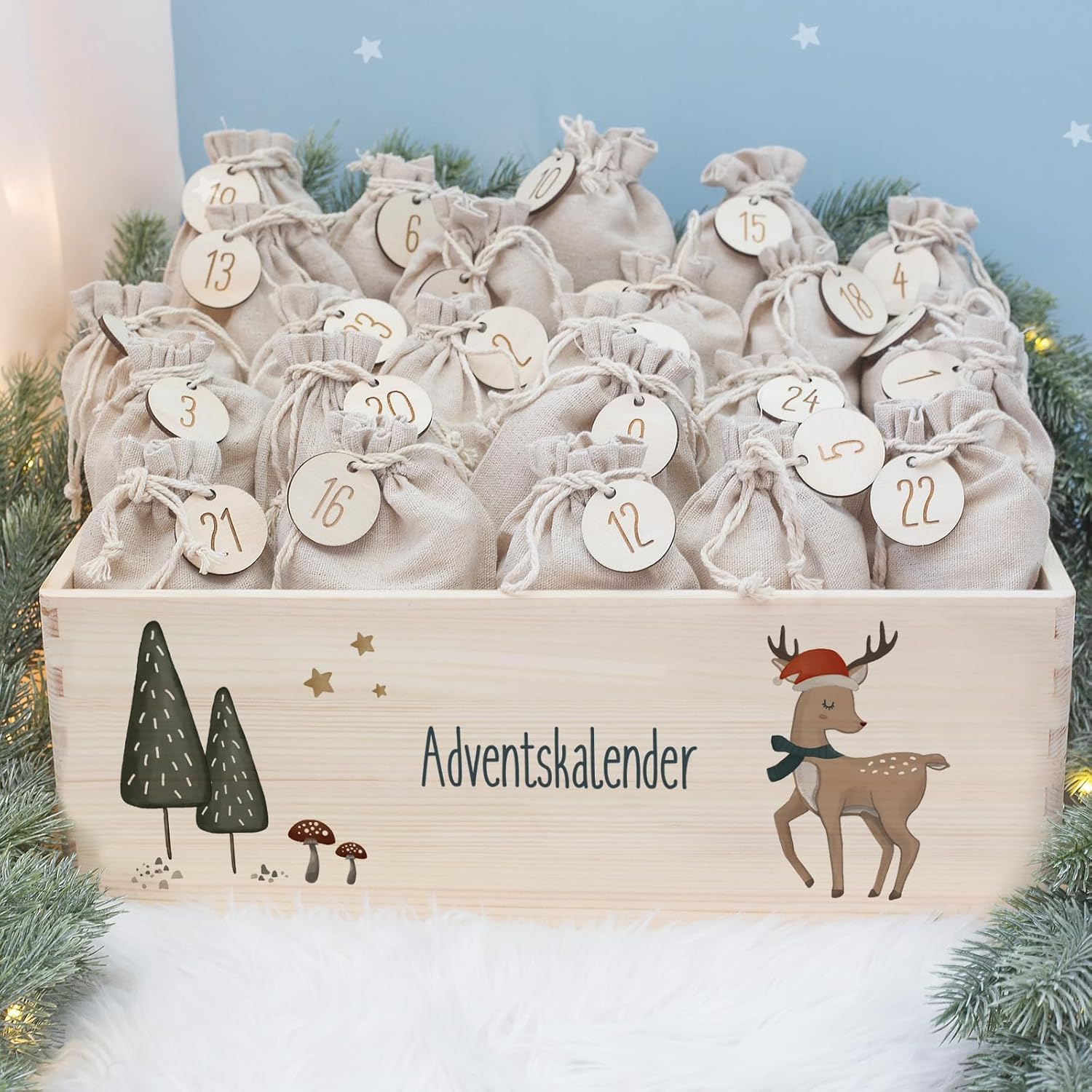 Personalized Advent Box - Wooden Advent Calendar with Name - Engraving Calendar DIY - Christmas Calendar for Children - Hello Mini (1Prime Deer)