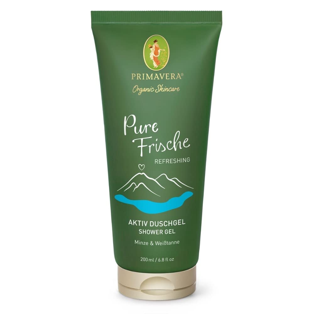 PRIMAVERA Pure Fresh Active Shower Gel 12 x 200 ml - Shower Gel, Natural Cosmetics - Mint, White Fir Fragrance - Cleans Foaming, Nourishes the Skin, Preserves Natural Moisture, Vegan