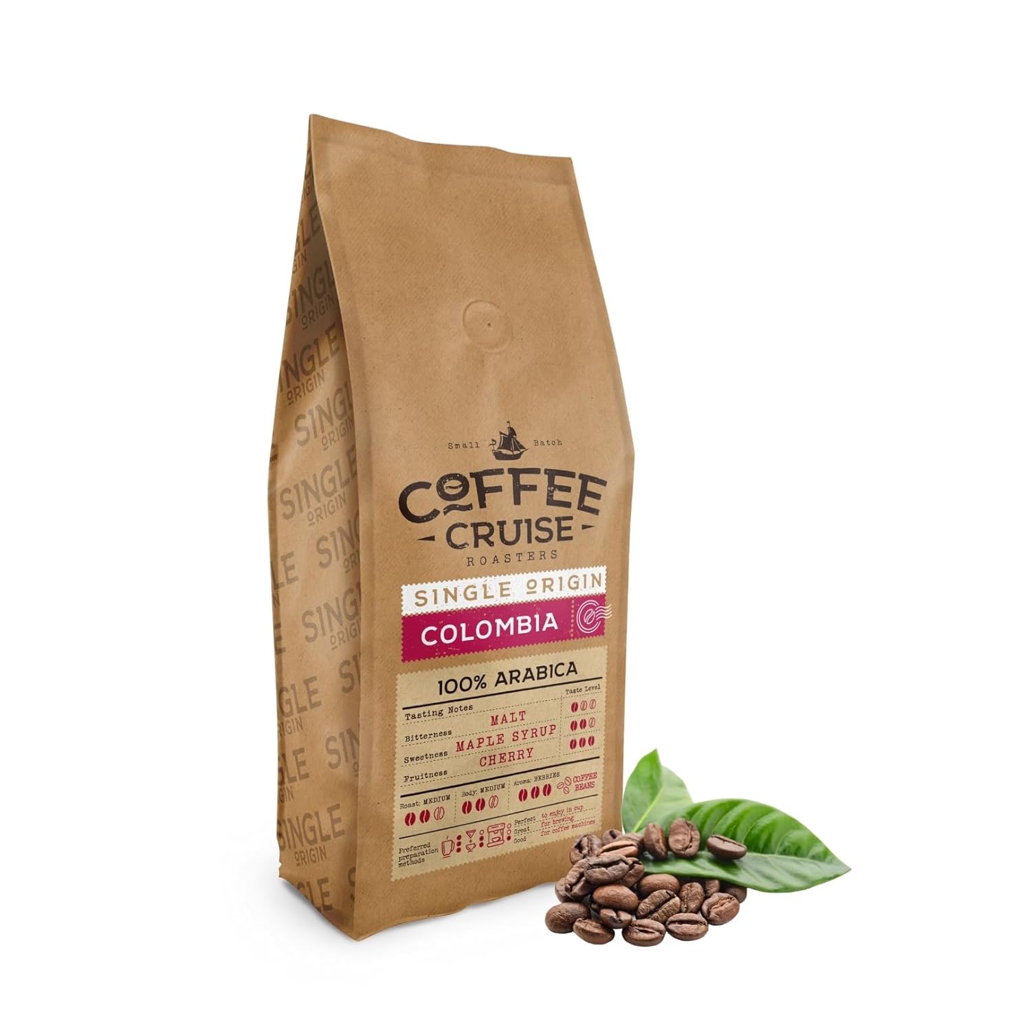 COFFEE CRUISE Colombia Coffee Beans 1 kg - Medium Roast - Berry Aroma - For All Coffee Machines - 100% Arabica