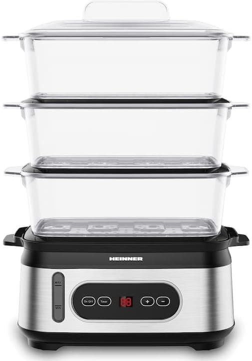 ONE STEAM HSA-D950SS Multicooker/Steamer with LED display, 950 W power, 9 L total cooking capacity, 3 BPA-free cooking containers, digital timer, stainless steel design, 3-year warranty