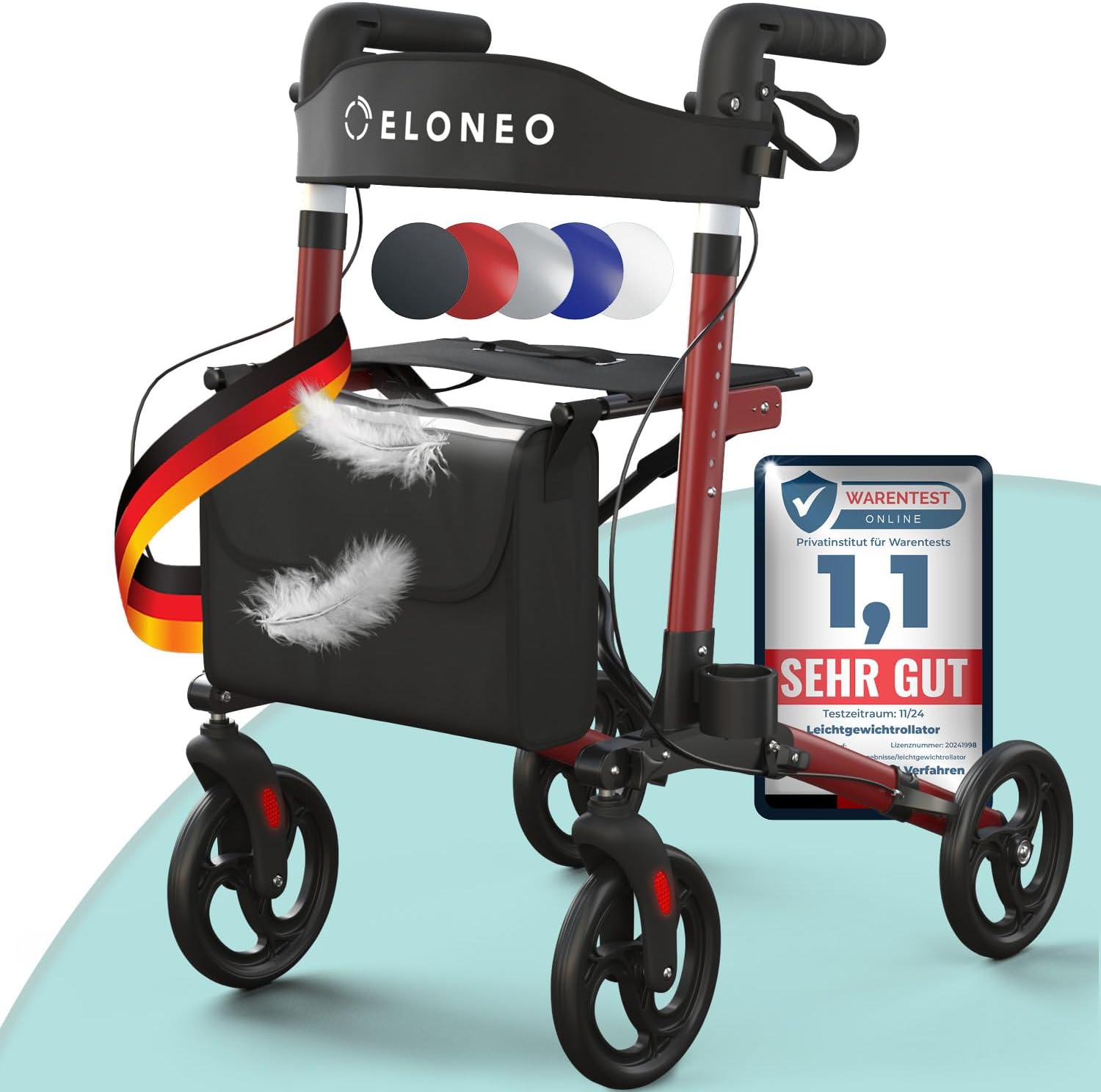 ELONEO Rollator Foldable and Lightweight with Seat, Lightweight Aluminum Travel Rollator, Walking Aid 8 Positions Height Adjustable, Walking Aid 3 Folds for Car Boot, Bag & Umbrella Holder, Red