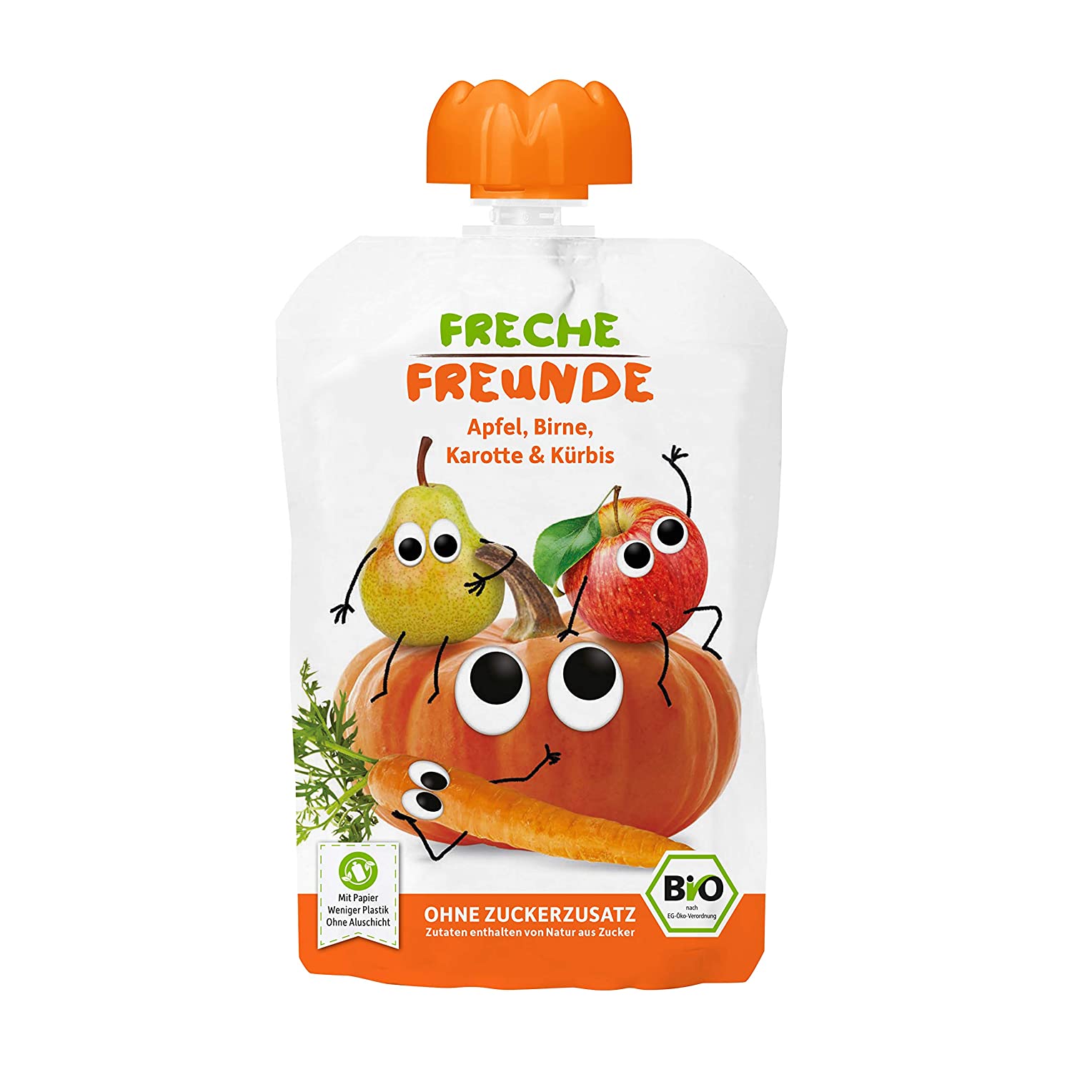 FRECHE FREUNDE Bio Quetschie Apfel, Birne, Karotte & Kürbis, Fruchtmus im Quetschbeutel für Babys ab dem 6. Monat, glutenfrei & vegan, 6-er Pack (6x 100g)