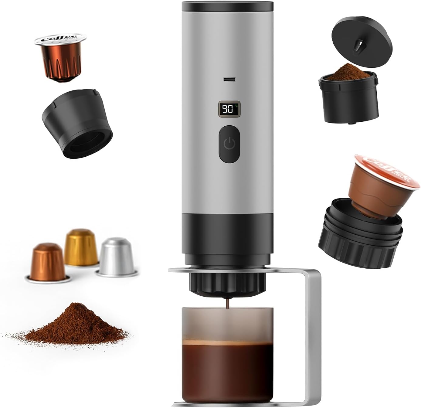 MMOBIEL Portable Coffee Machine, Electric Travel Espresso Machine with Stand, Self-Heating & USB-C - Compatible with Ground Coffee & Capsules for Travel, Camping, Home, Car, Office