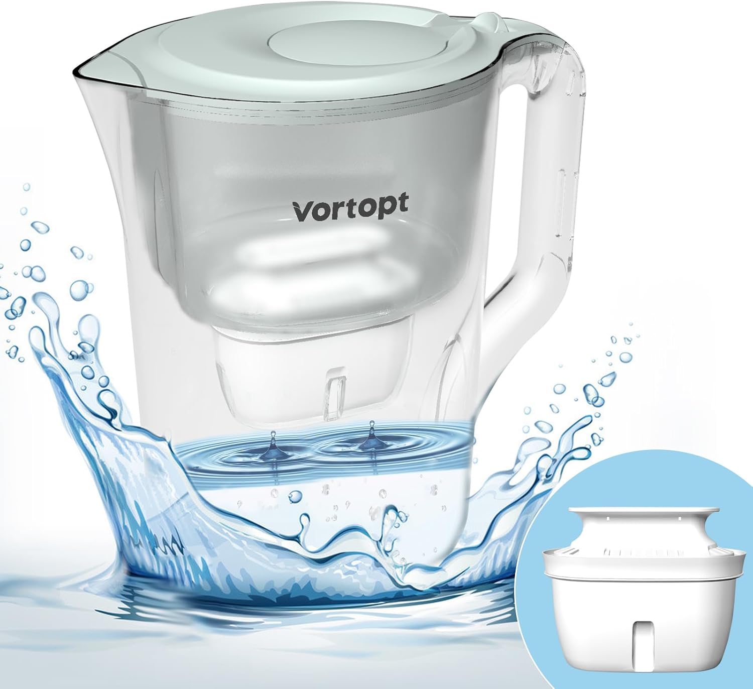 Vortopt Water Filter Jug 3.5 Liter Green Water Filter Jug Improves Tap Water Taste Reduces Chlorine and Lead Lasts 3 Months BPA Free L2 (1 Filter Included)