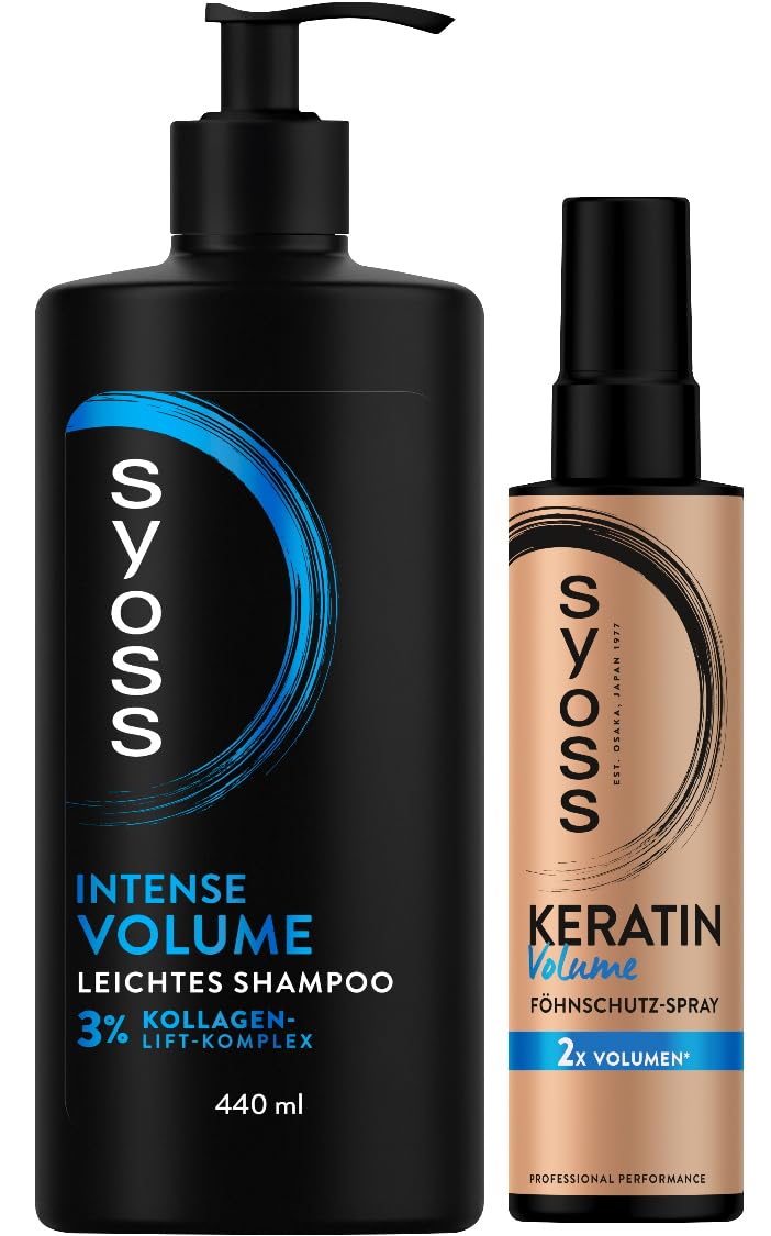 SYOSS Shampoo Intense Volume Shampoo (440 ml) hair shampoo provides long-lasting volume for up to 48 hours & Keratin Volume Blow-dry Protection Spray (200 ml) heat protection spray for anti-flat volume effect