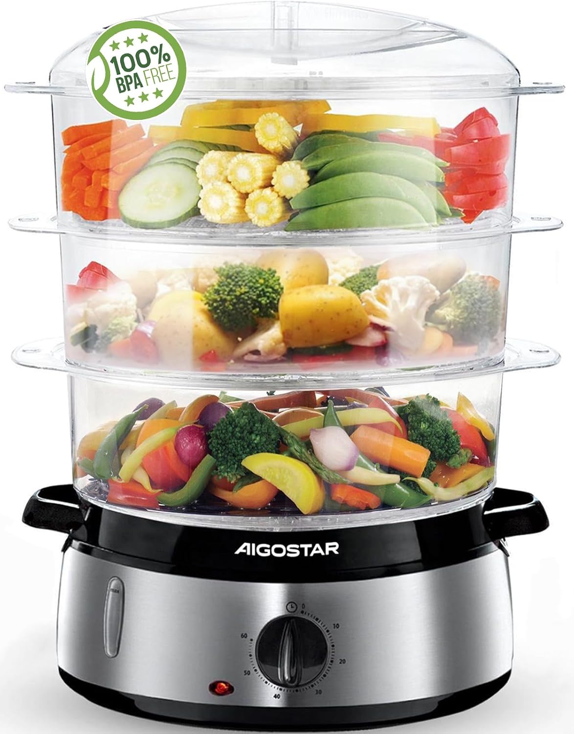 Aigostar Steamer with Timer 9 L, 3 Tier Stacking Baskets, Rice Bowl, 800 W Electric Steamer, Automatic Shut-Off, Stainless Steel, BPA-Free, Silver/Black, Disposable Packaging