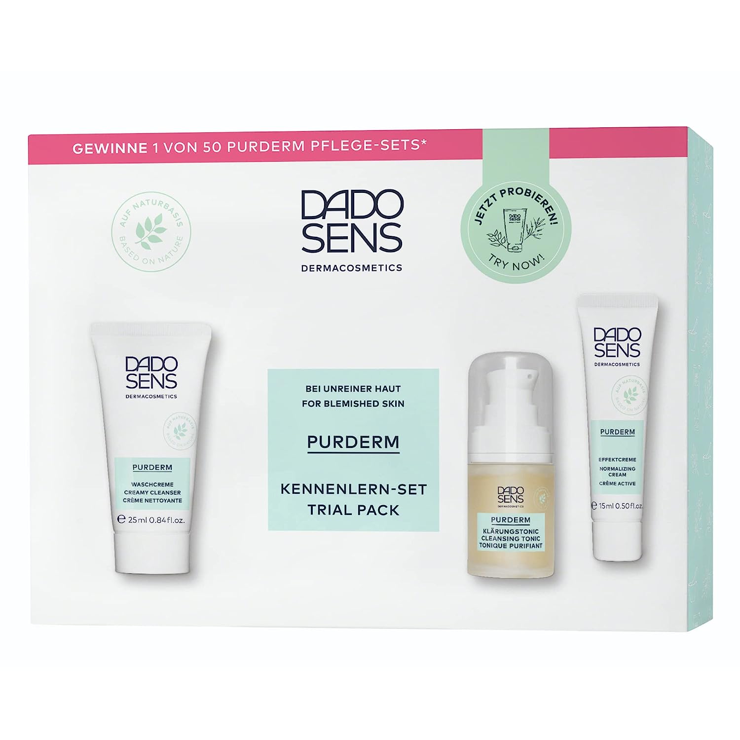 Dado Sens Purderm Learning to Know Set (55 ml) - For Acne & Late Acne, Gentle, Clarifying & Deep Pore Cleansing - Wash Cream 25 ml, Clarifying Tonic 15 ml, Effect Cream 15 ml - for sensitive Skin, vegan