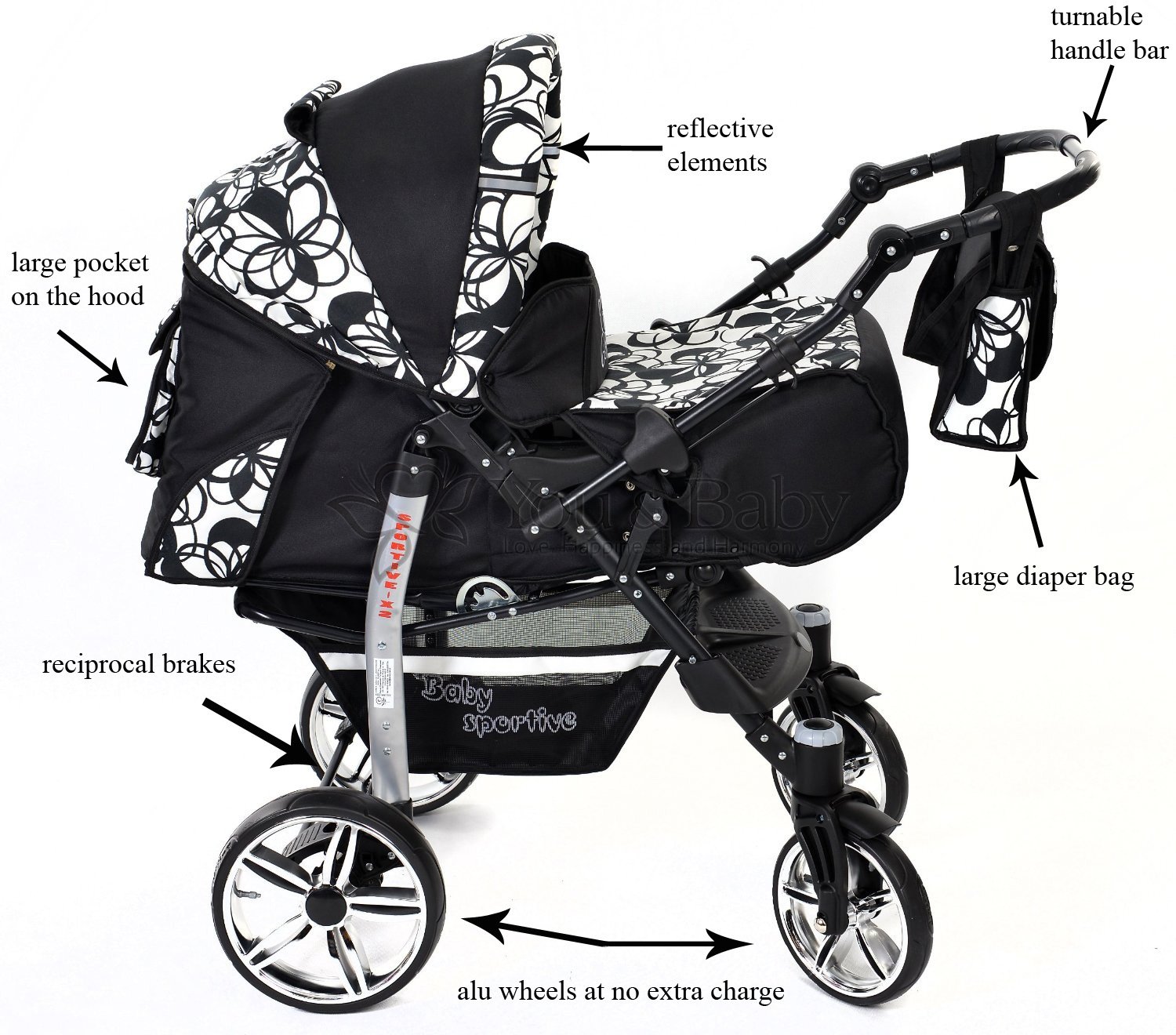 Baby Sportive You and Baby SPORTIV-X2 Kombi-Kinderwagen 3in1 | mit Zubehör | für Kinder ab der Geburt bis 3 Jahre | Gewicht 13 kg | Faltmaß mit Rädern B99 x T60 x H58