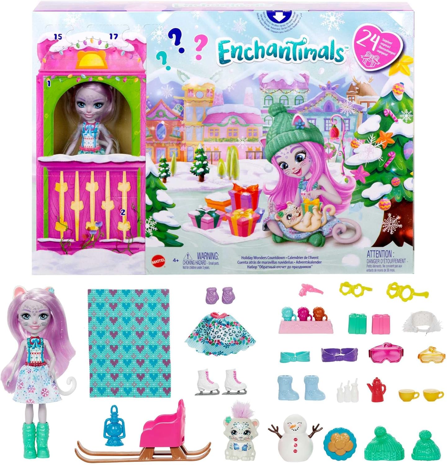 Enchantimals HHC21 Advent Calendar with Sybill Snow Leopard Doll (15 cm), Animal Figure and 24 Accessories, Great Gift for Children from 4 Years, Christmas Gift