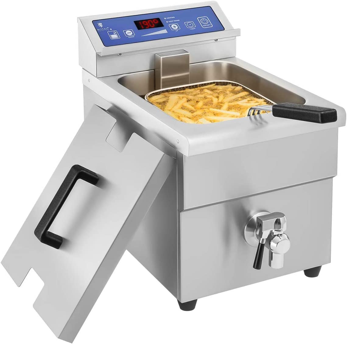 Royal Catering – Rcif 10EB – Induction 10 Litre Fryer Deep Fryer 3.5 Volume, 3500 W, 230 V, Timer, Drain Tap – Silver