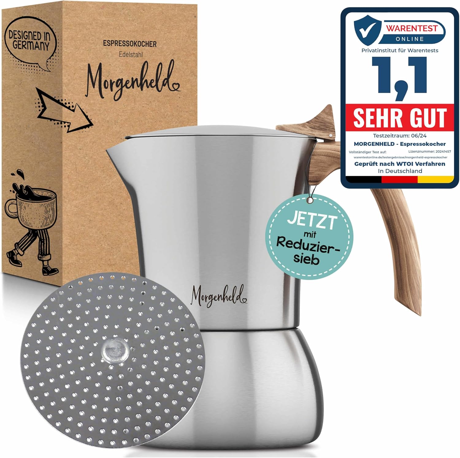 Flow Premium Stainless Steel Espresso Maker with Reducing Strainer for 3 to 6 Cups 300 ml – Espresso Maker Suitable for Induction Cookers – Espresso Pot with Reducer Insert for Induction and Gas Stoves