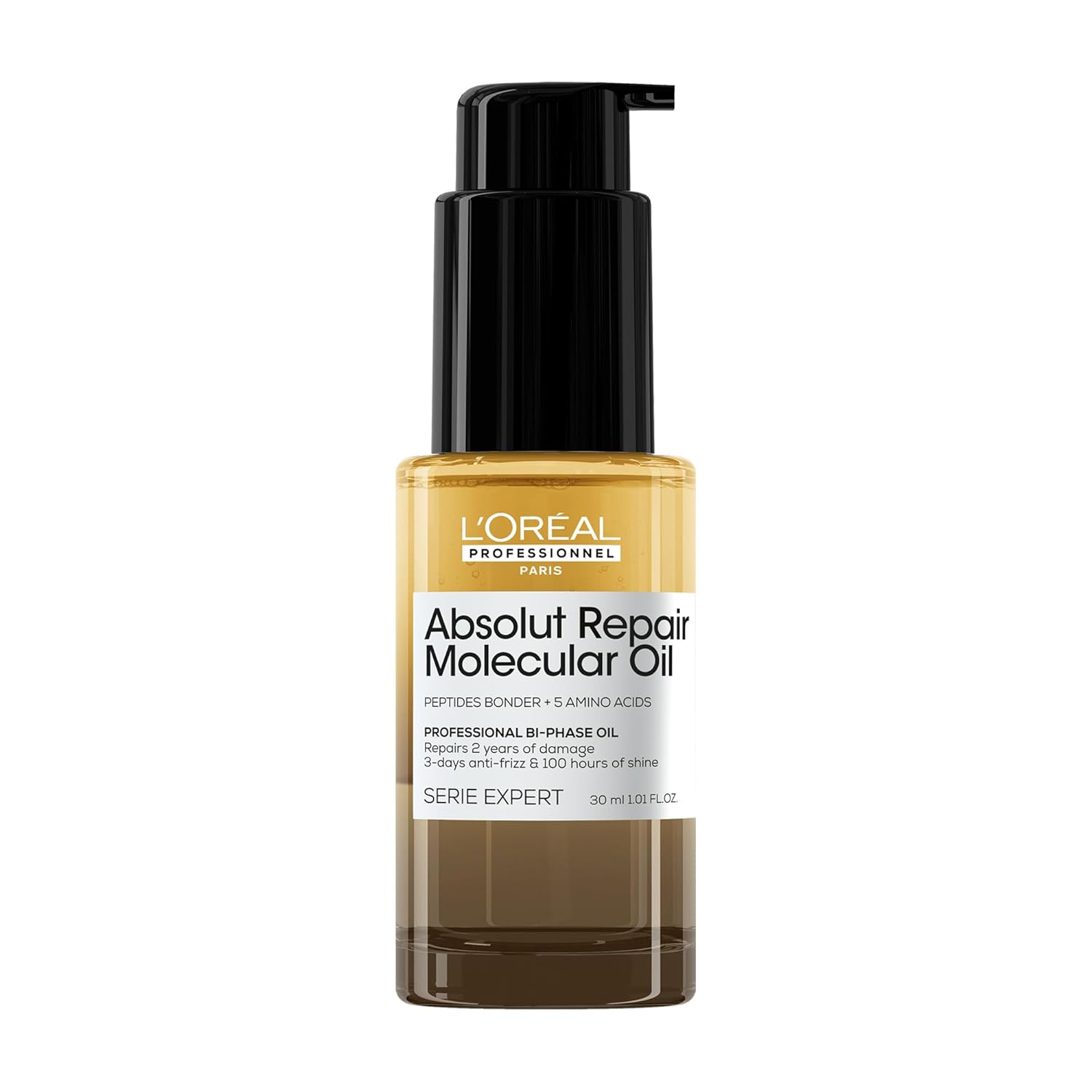 L\'Oréal Professionnel Two-Phase Hair Oil, Repairs Damaged Hair Types, Up to 100 Hours of Shine, 3 Days Frizz Control, Heat Protection up to 230 °C, Series Expert, Absolut Repair Molecular Bi-Phase Oil