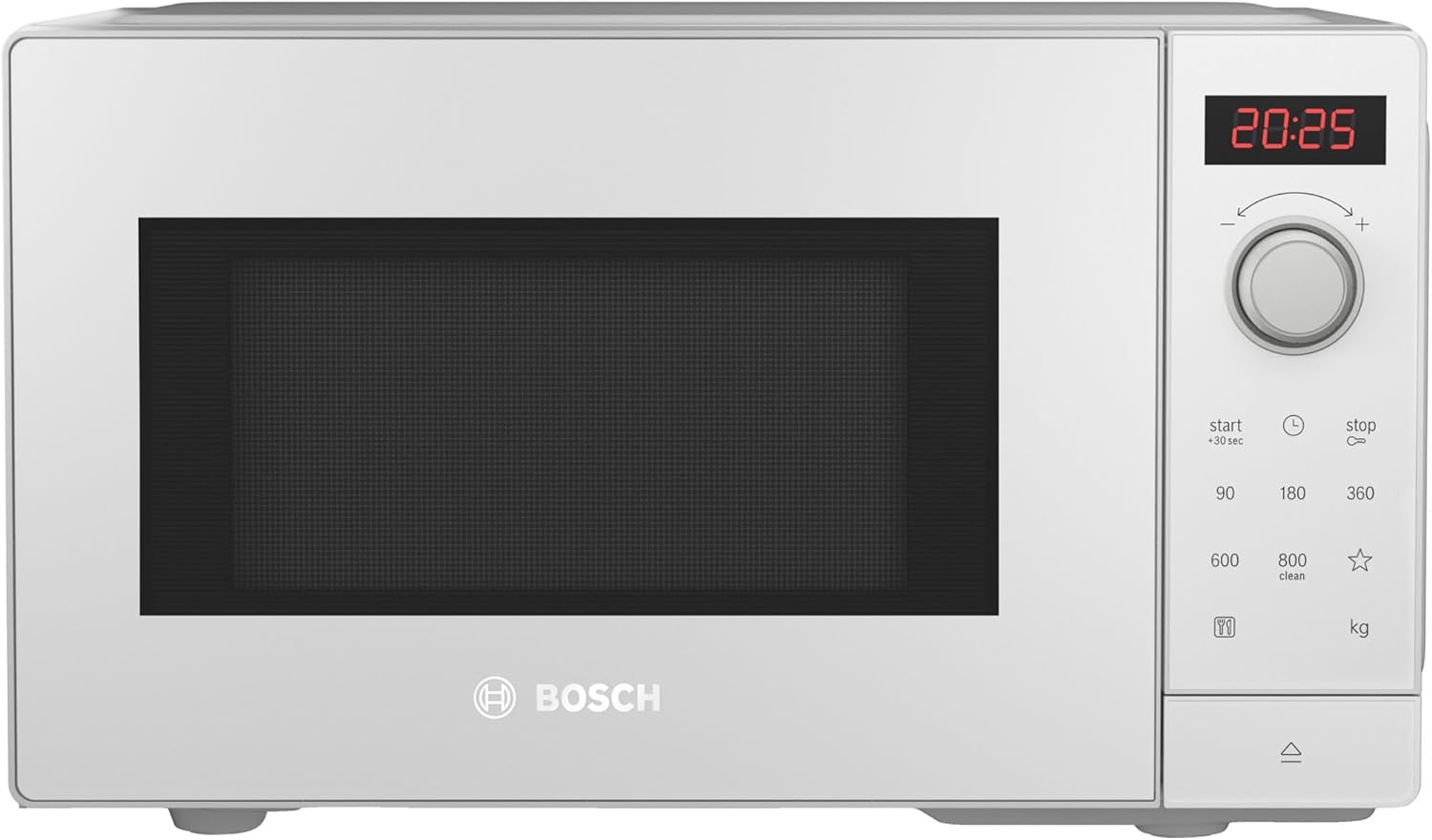 Bosch FFL023MW0 Series 2 Microwave, 26 x 44 cm, 800 W, Turntable 27 cm, Door Hinge Left, AutoPilot 7 with 7 Automatic Programs, Cleaning Support, LED Touch Display, White
