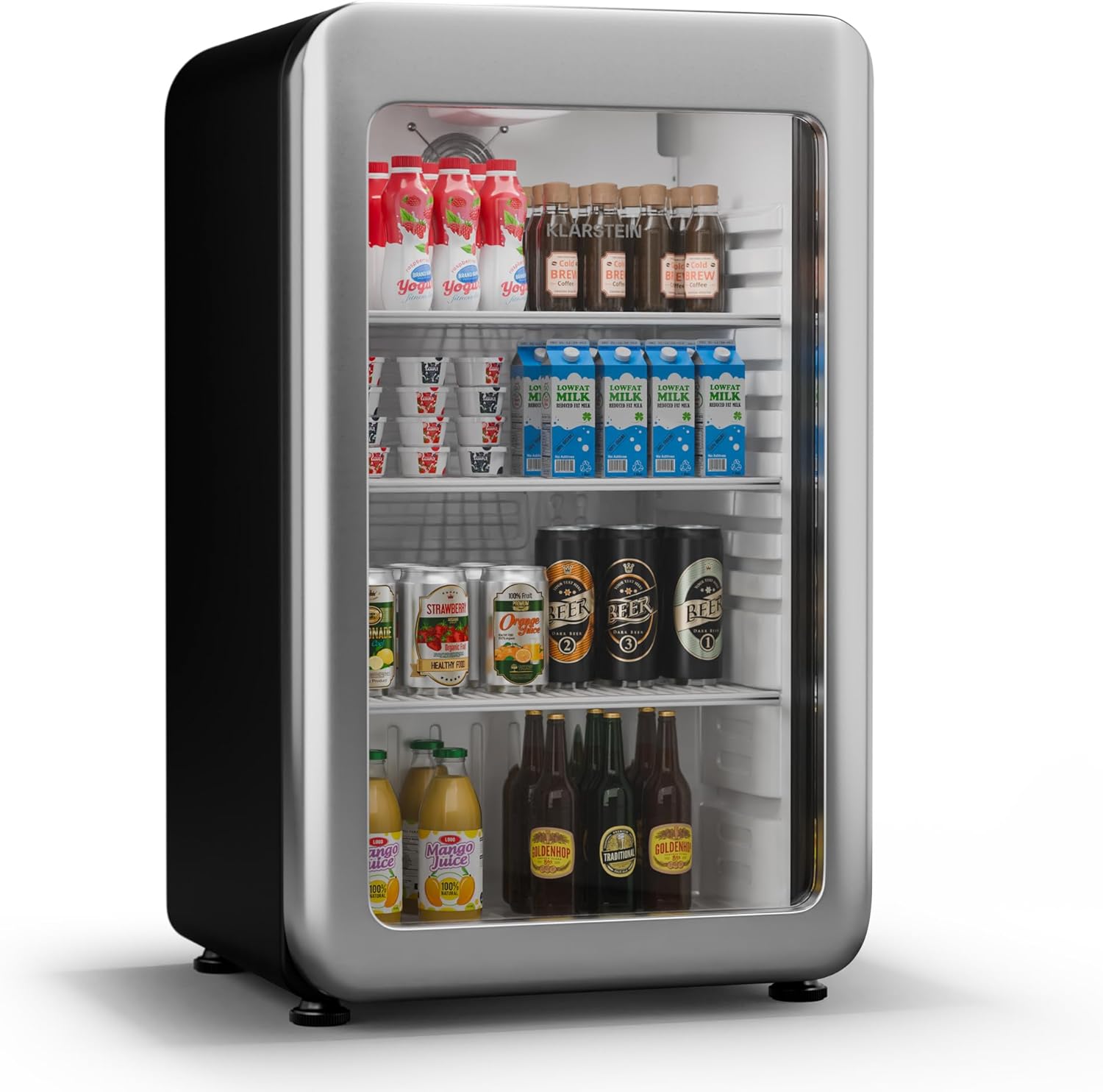 Klarstein Audrey Evo Drinks Fridge with Glass Door - 93L Mini Fridge Retro Design Double Glazed Door LED Lighting 0-10°C Energy Class C Silver