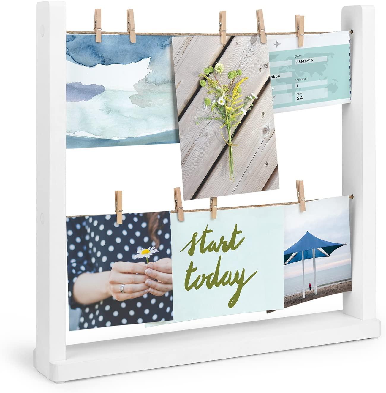Umbra Hangit Collage Photo Frame, Table Picture Frame with 9 Clothes Pegs, Ideal for Photos, Pictures, Postcards and More, White/Wood