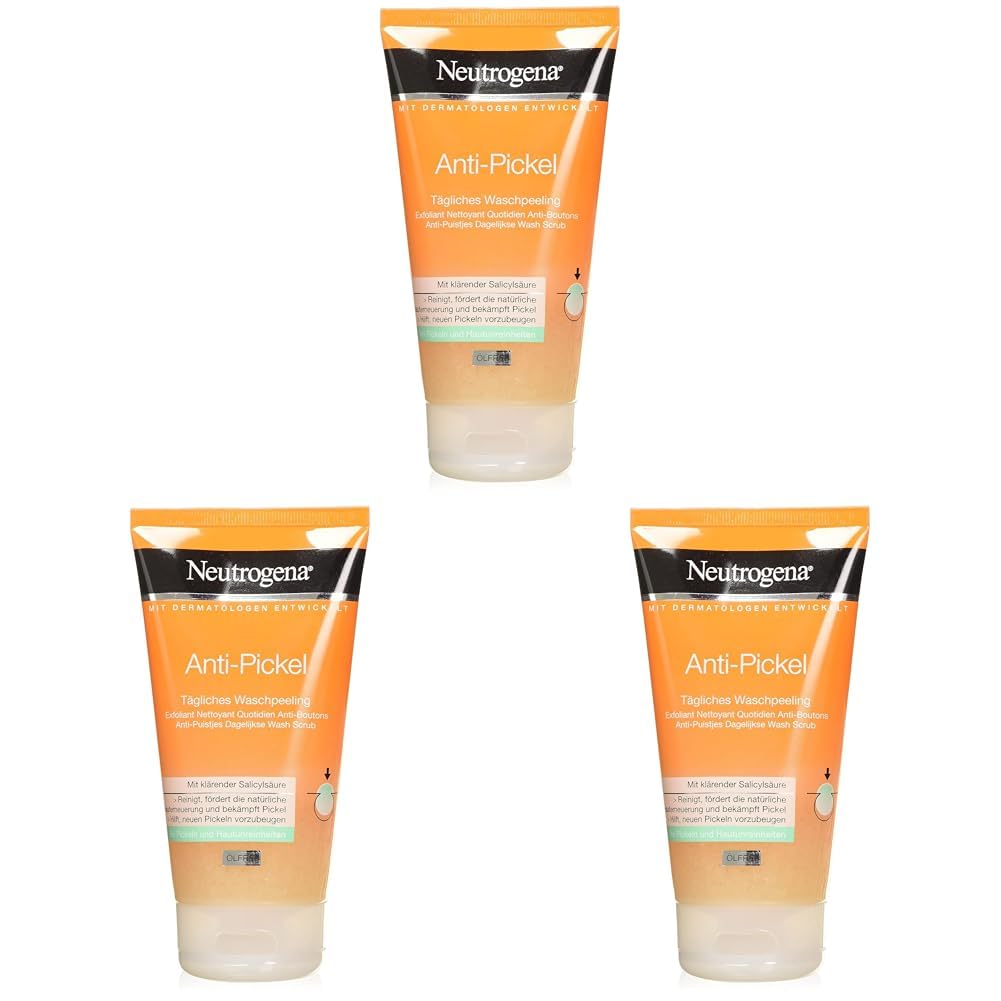 Neutrogena Anti-Pimple Wash Scrub, Exfoliant Nettoyant Anti-Boutons Anti-Puistjes Wash Scrub, with Salicylic Acid for Blemished Skin, Oil-Free, 150 ml (Pack of 3)
