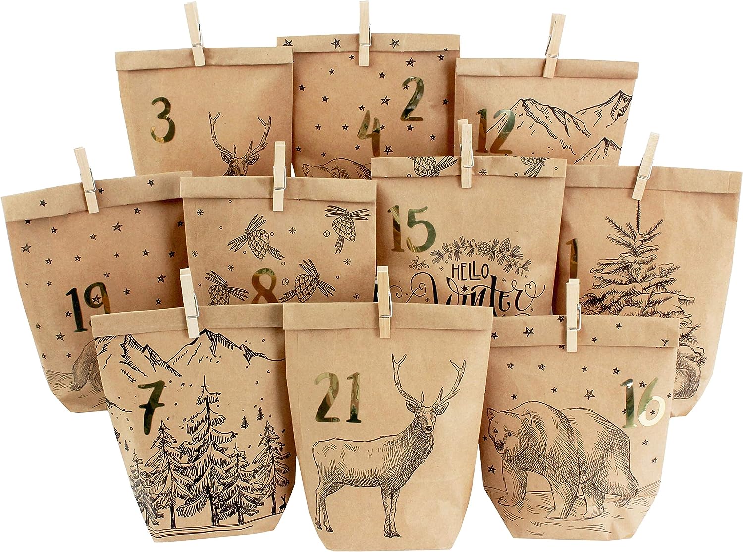 Papierdrachen DIY Advent Calendar for Filling, 24 Printed Gift Bags and 24 Number Stickers and Clips, for Crafting and Gifts, Christmas