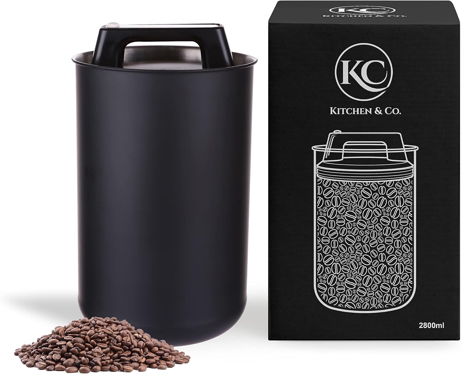KC Kitchen & Co. KC Kitchen & Co. Airtight Coffee Canister for 1 kg Coffee Beans - Stainless Steel Storage Jar with Vacuum Lid & Aroma Seal - Storage Jar for Coffee, Tea, Sugar, Cereal Black Matt (2800 ml)