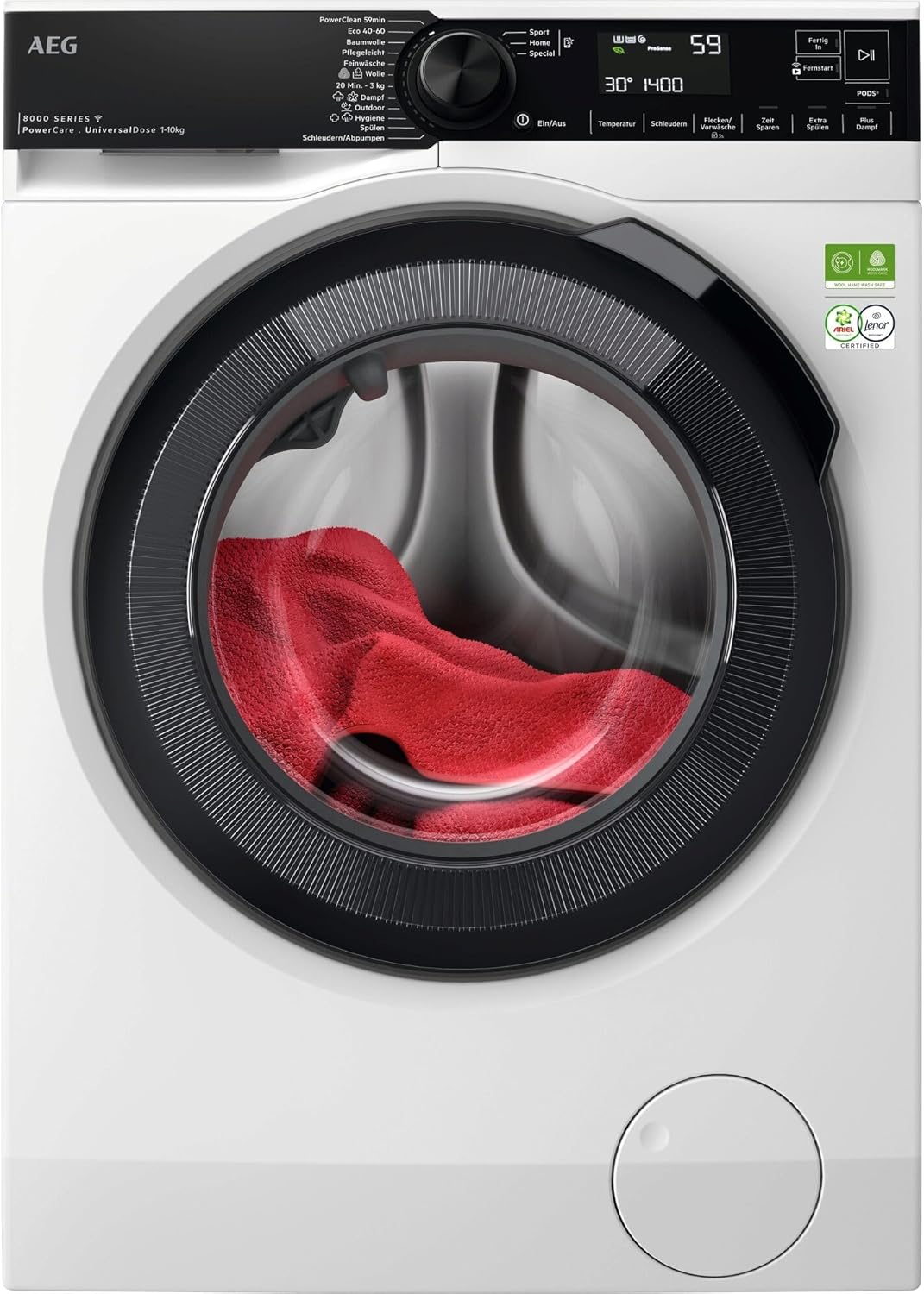 AEG WiFi Washing Machine Series 8000 with PowerCare Fibre Protection, Universal Box Drawer for PODS, ProSteam - Steam Function, 10 kg, Automatic Volume, Refill Function, Water Stop, 1400 rpm