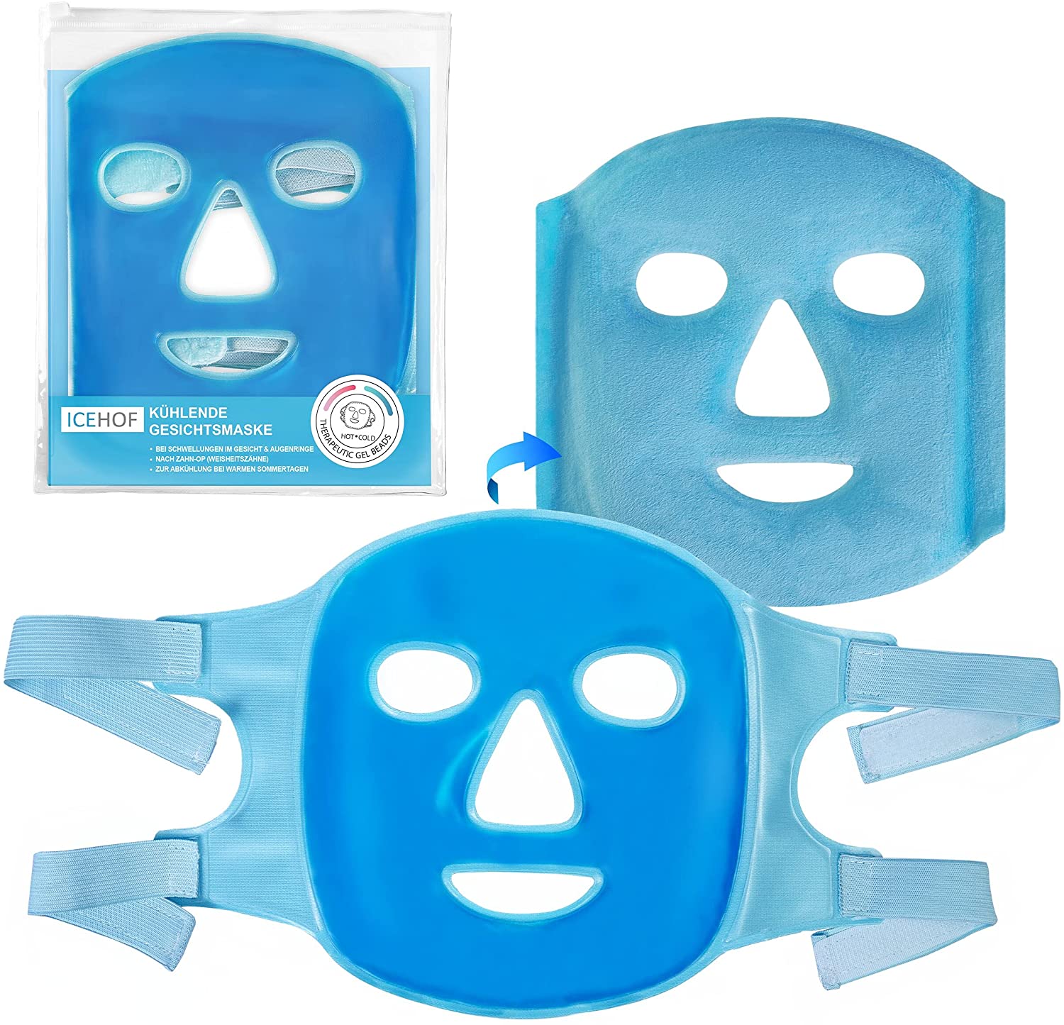 ICEHOF Cooling mask face with Velcro fastener, can be used on both sides (plush fabric), with high-quality gel for optimal cooling, cooling pads, face cooling face mask, with storage bag