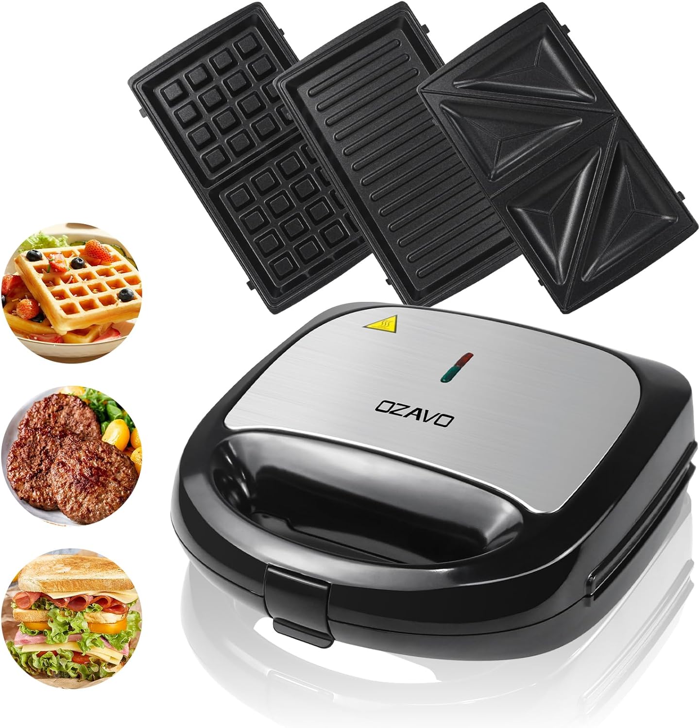 Sandwich Maker 3 in 1, Waffles, Panini Toaster, 3 Removable Grill Plates, Table Grill for Toast, Waffles, Meat, Black, 750 W