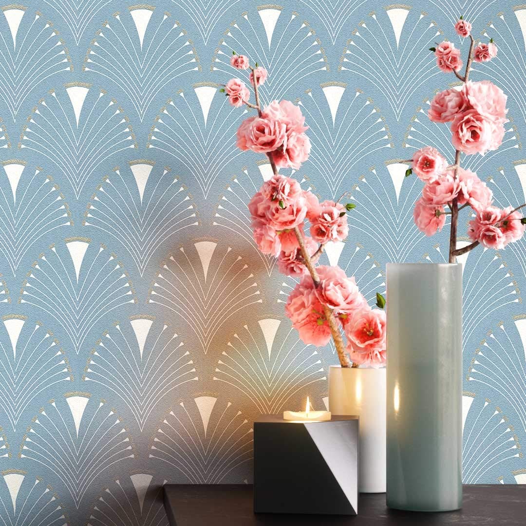 Newroom Design Newroom Wallpaper Graphic Blue Pattern 50S Art Deco Non-Woven Wallpaper Lux