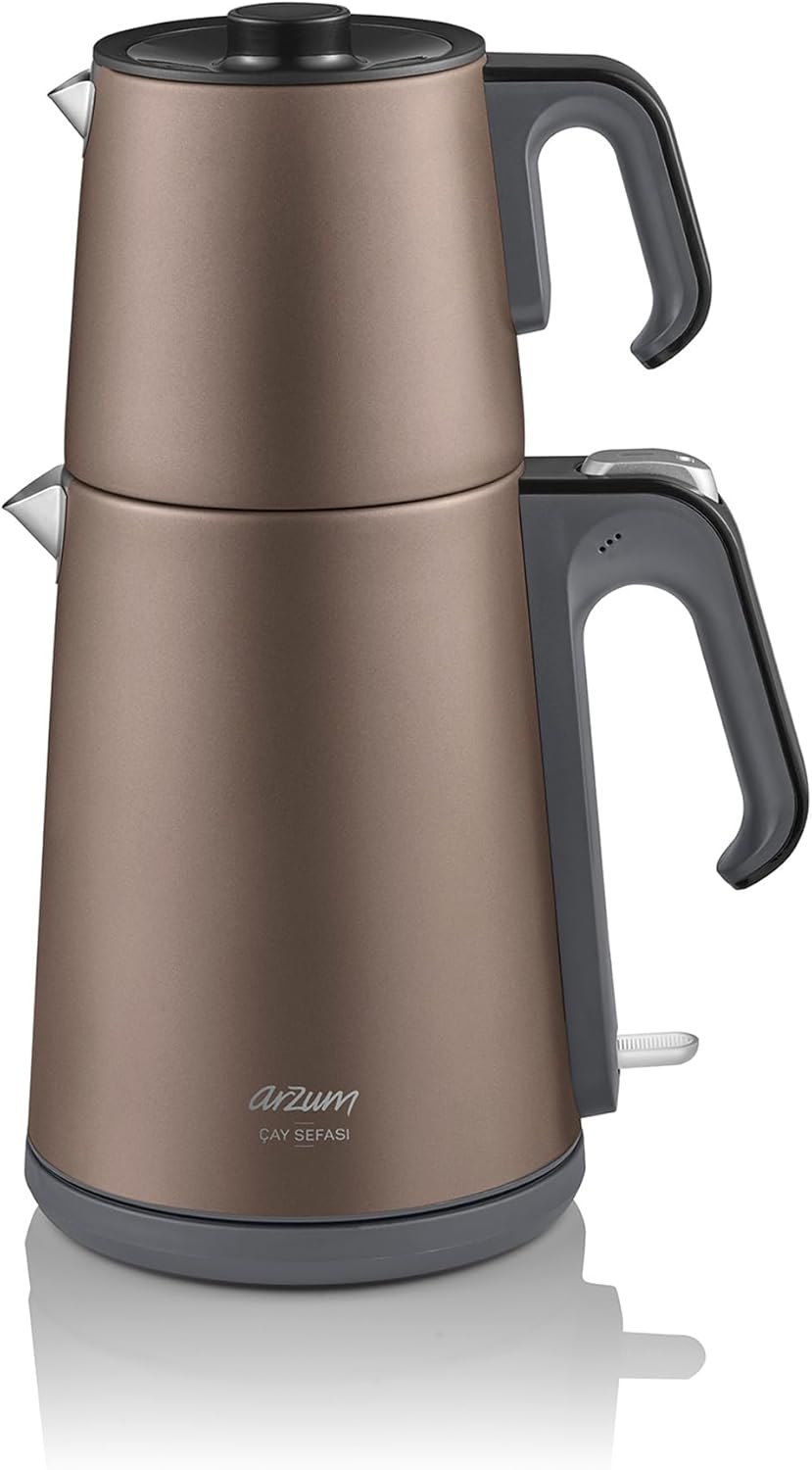 Arzum Tea Makers, Electric Turkish Tea Maker, 1650 W Power, 1.2 L Teapot, 1.8 L Kettle, Stainless Steel, Keep Warm Function, Boil Dry Protection, Wireless Use, Brown