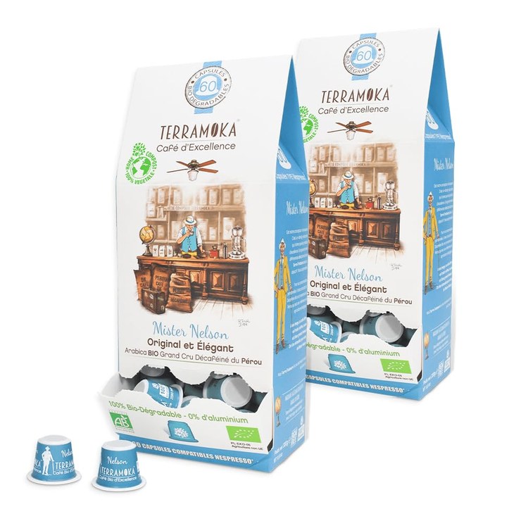 TERRAMOKA - Excellent Decaffeinated Organic Coffee - 100% Pure Arabica from Peru - Original and Elegant - 120 Compatible Nespresso Capsules Zero Waste - Mister Nelson - France