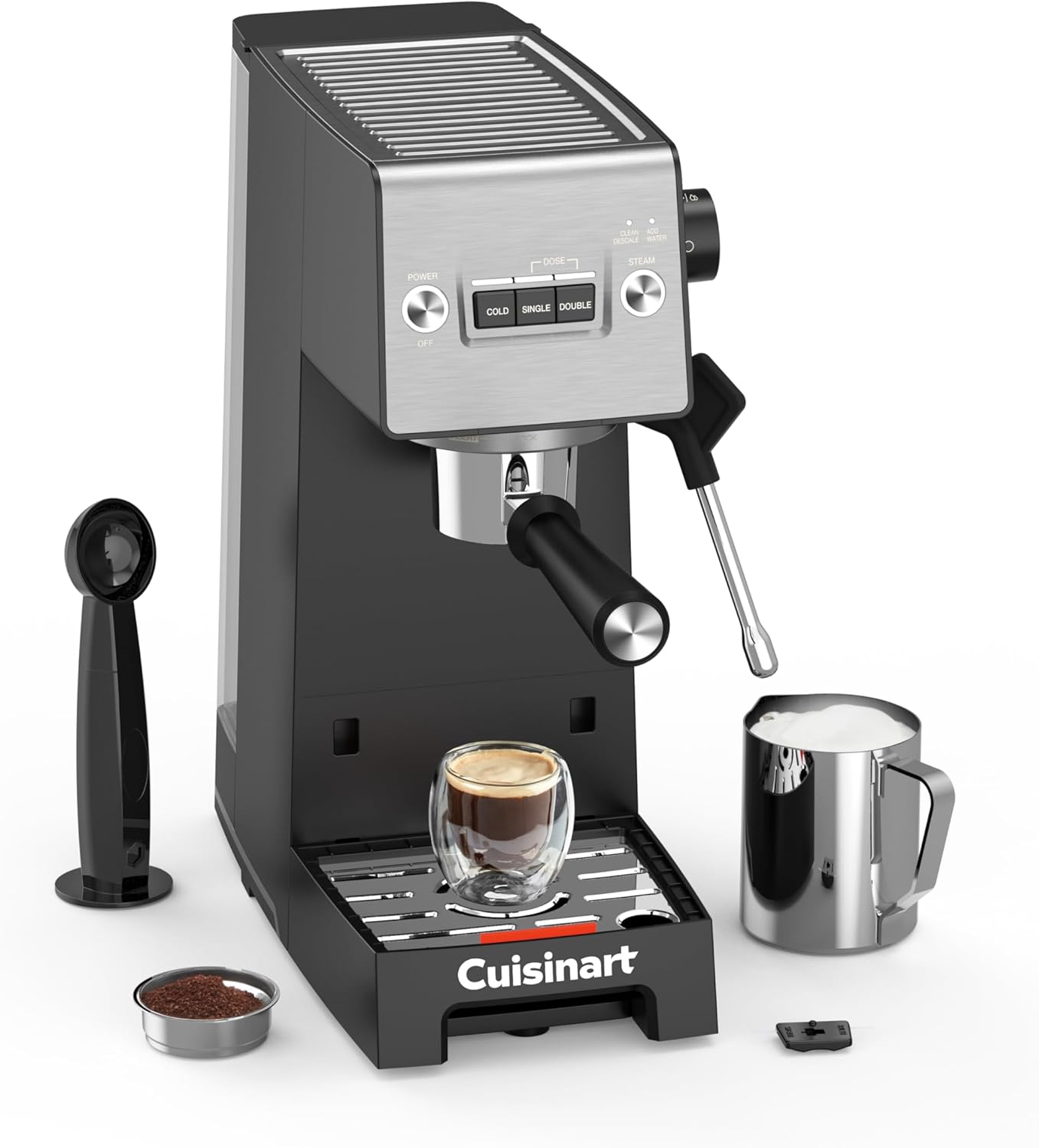 Cuisinart Slim Coffee Machine, Espresso, Americano, Cold Brew, Integrated Milk Frother, 15 Bar, Portafilter without Base, Compact, Travel Mug, 1.5 L Tank, Stainless Steel Slim