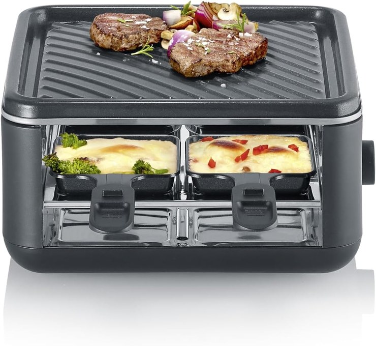 SEVERIN Mini Raclette Grill for 4 People, Small Raclette with Non-Stick Grill Plate, Extra Deep Pans, Compact Table Grill, 800 W Power, Black Line, RG 2360